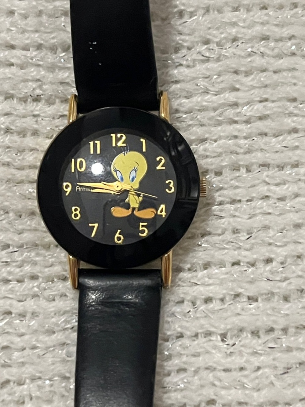 Vintage Black Tweety Character Leather Strap Watch